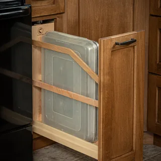 Pull-out cabinet tray and cutting board storage