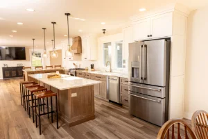 High-end kitchen island lighting installation in a custom-remodeled home, Exton, PA
