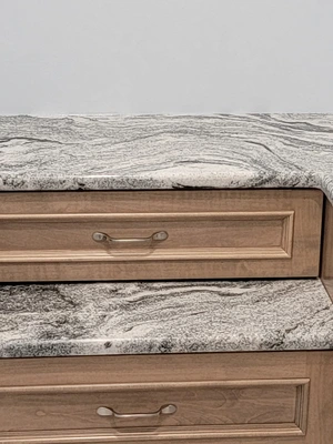 Custom Amish-built prayer room base cabinets with marble granite countertop in Downingtown, PA