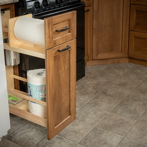 Pull-out cleaning supply organizer next to black gas range in Willow Street, PA kitchen