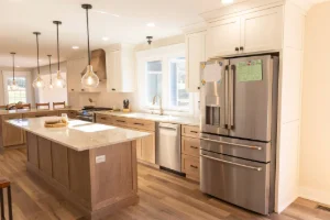 Modern Amish kitchen remodel with natural stained wood in a Morgantown, PA home