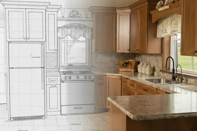 a transition from a kitchen design rendering to the final result